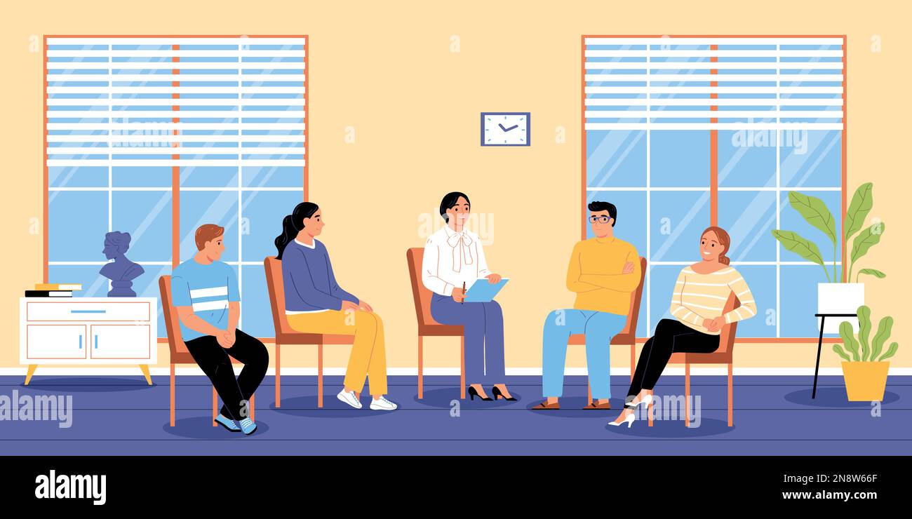 Group therapy treatment background with female and male characters counseling with psychologist