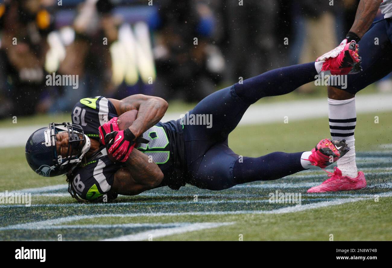 Seattle Seahawks' Sidney Rice comes down with a game-winning touchdown  reception in the second half of an NFL football game against the New  England Patriots, Sunday, Oct. 14, 2012, in Seattle. The