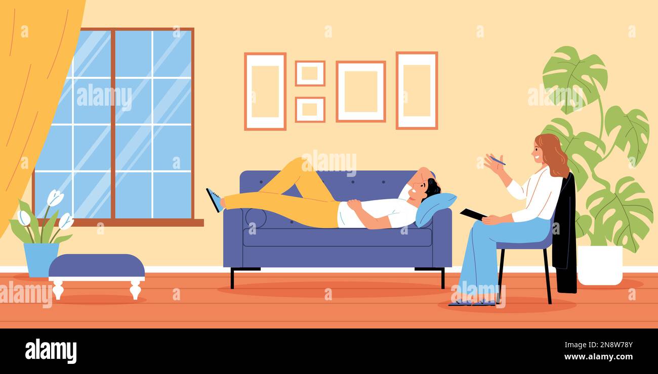 Mental health flat background with man relaxing on sofa and receiving emotional support at psychologist cabinet vector illustration Stock Vector