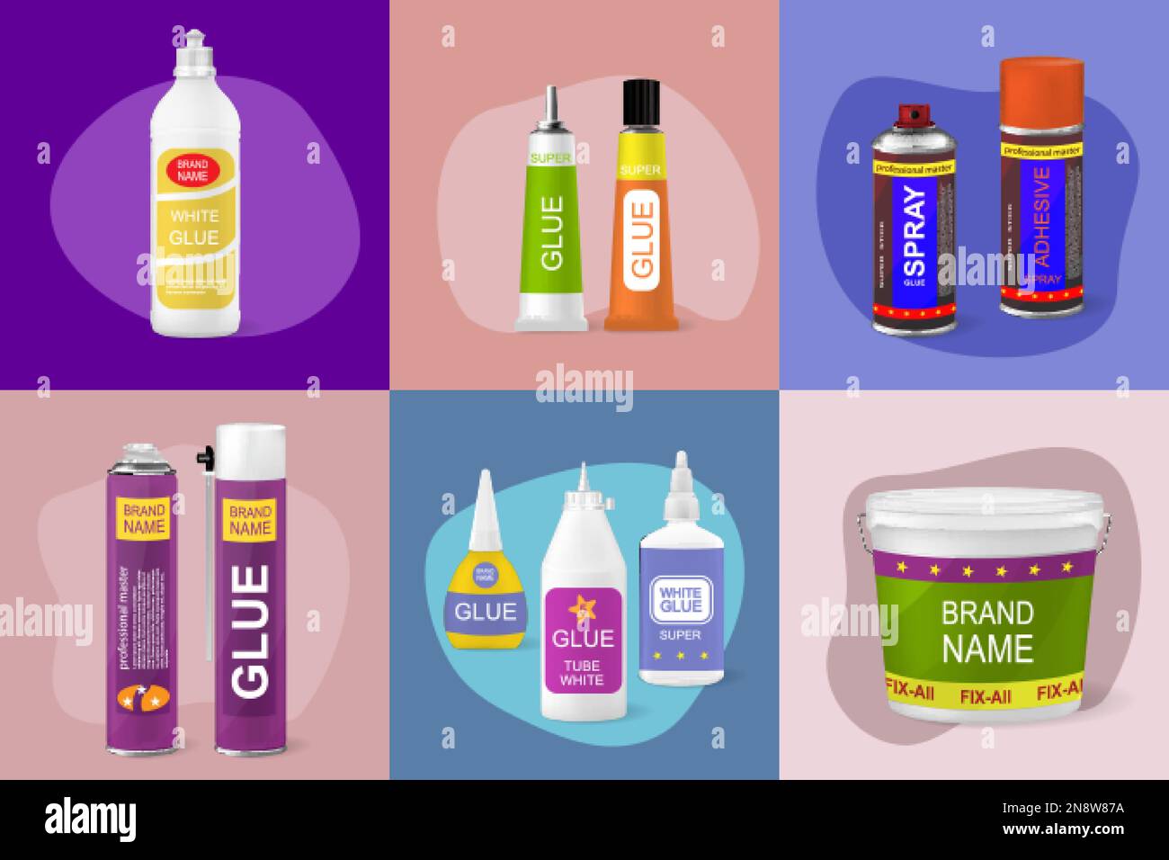 Glue spray bottles containers sticks tubes on color background flat set