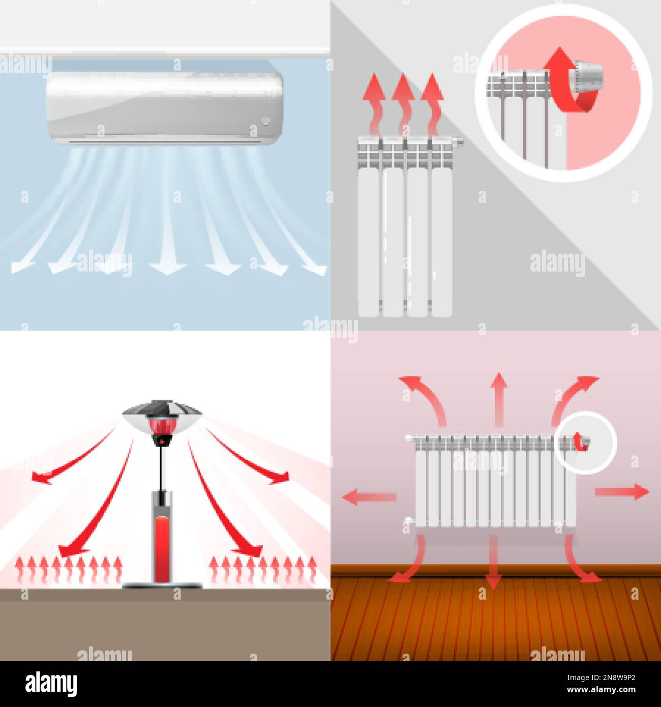Various house and outdoor heaters with arrows showing air flows flat 2x2 set isolated vector illustration Stock Vector