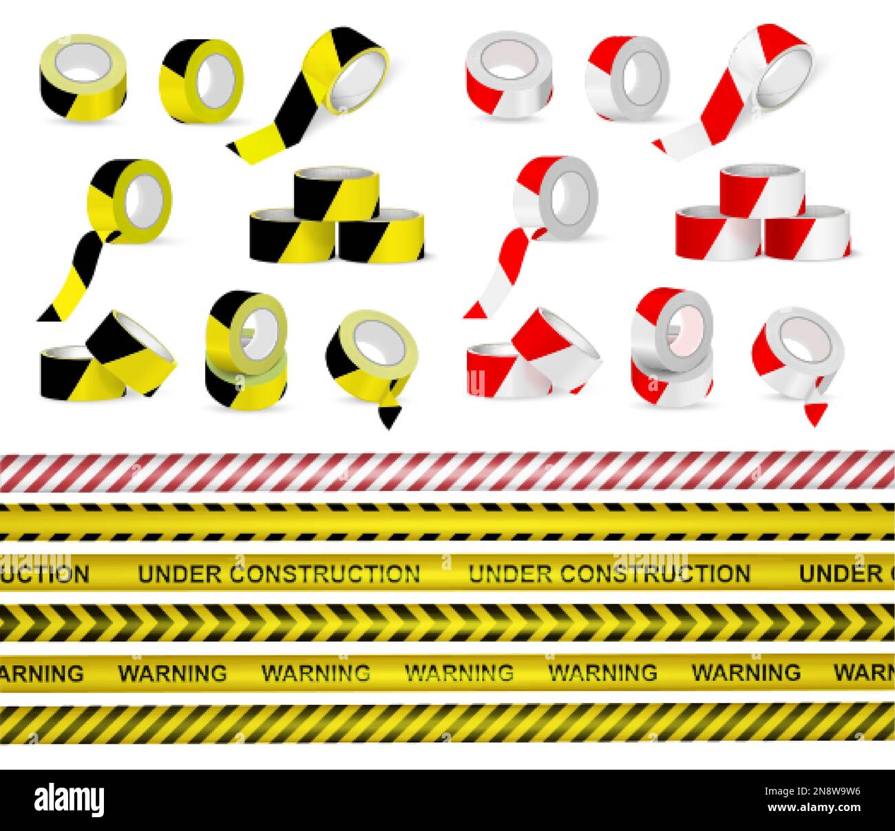 Signal tape realistic set of adhesive striped warning ribbons and rolls