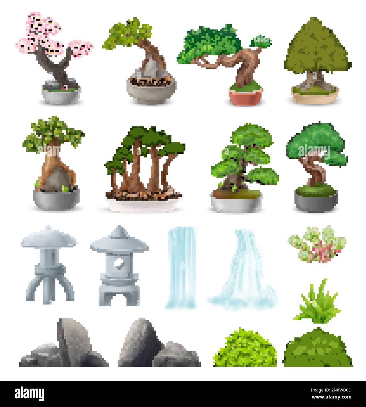 Realistic japanese bonsai tree icons set with natural stone garden