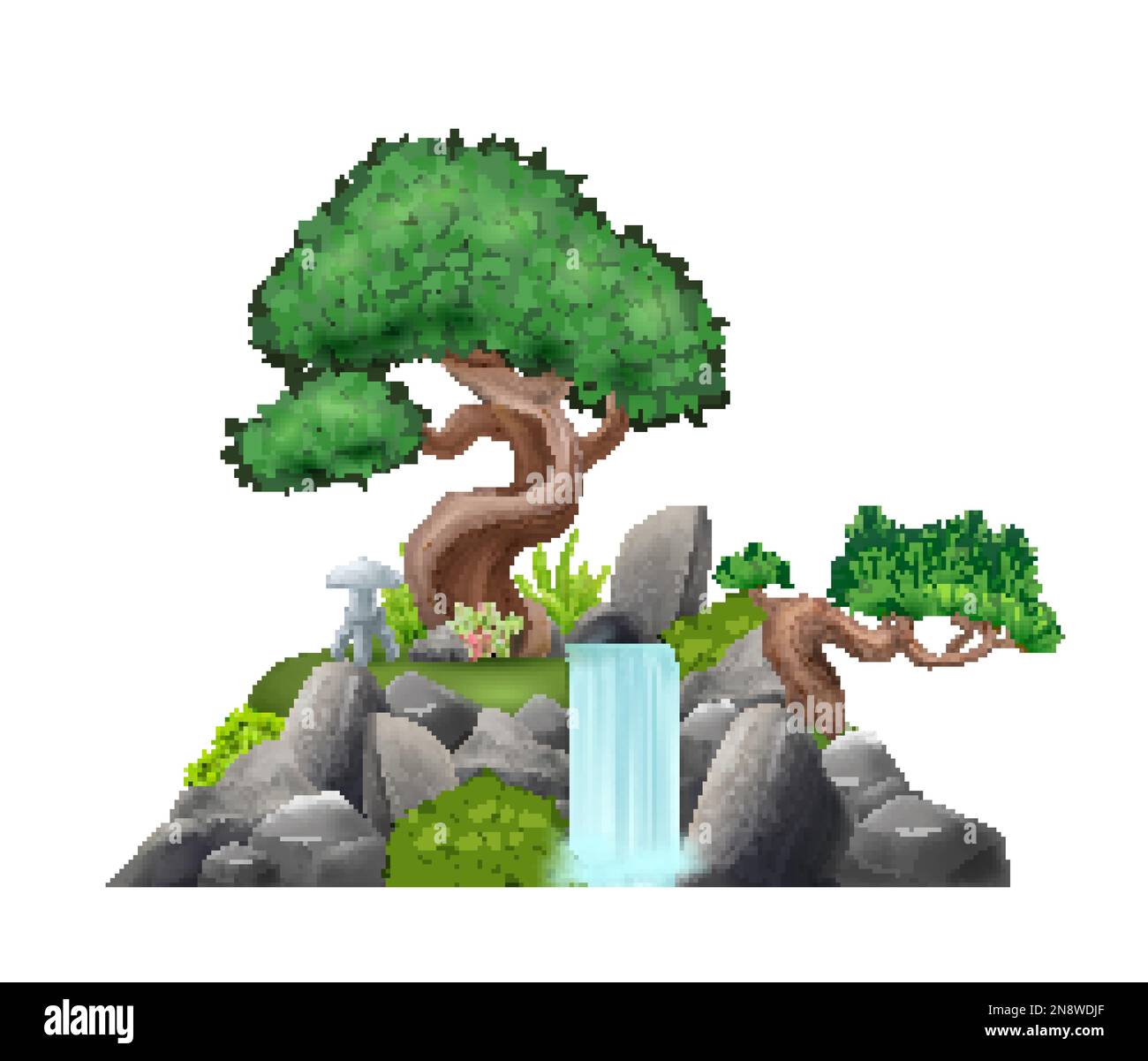 Realistic bonsai tree composition with decorative waterfall vector