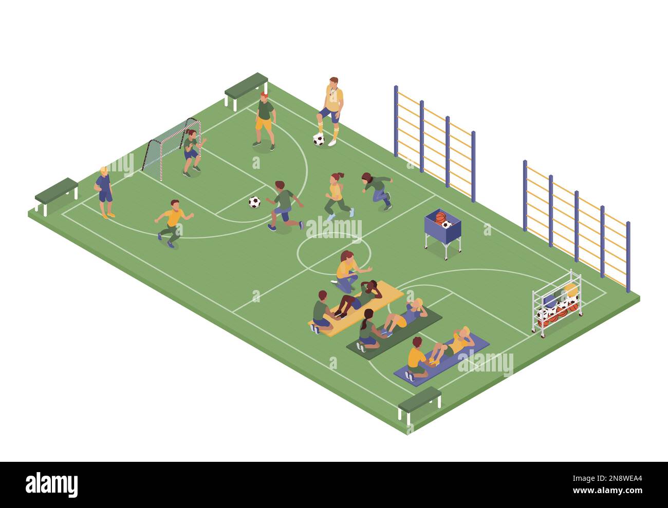 Isometric pe lesson composition with isolated view of sport soccer