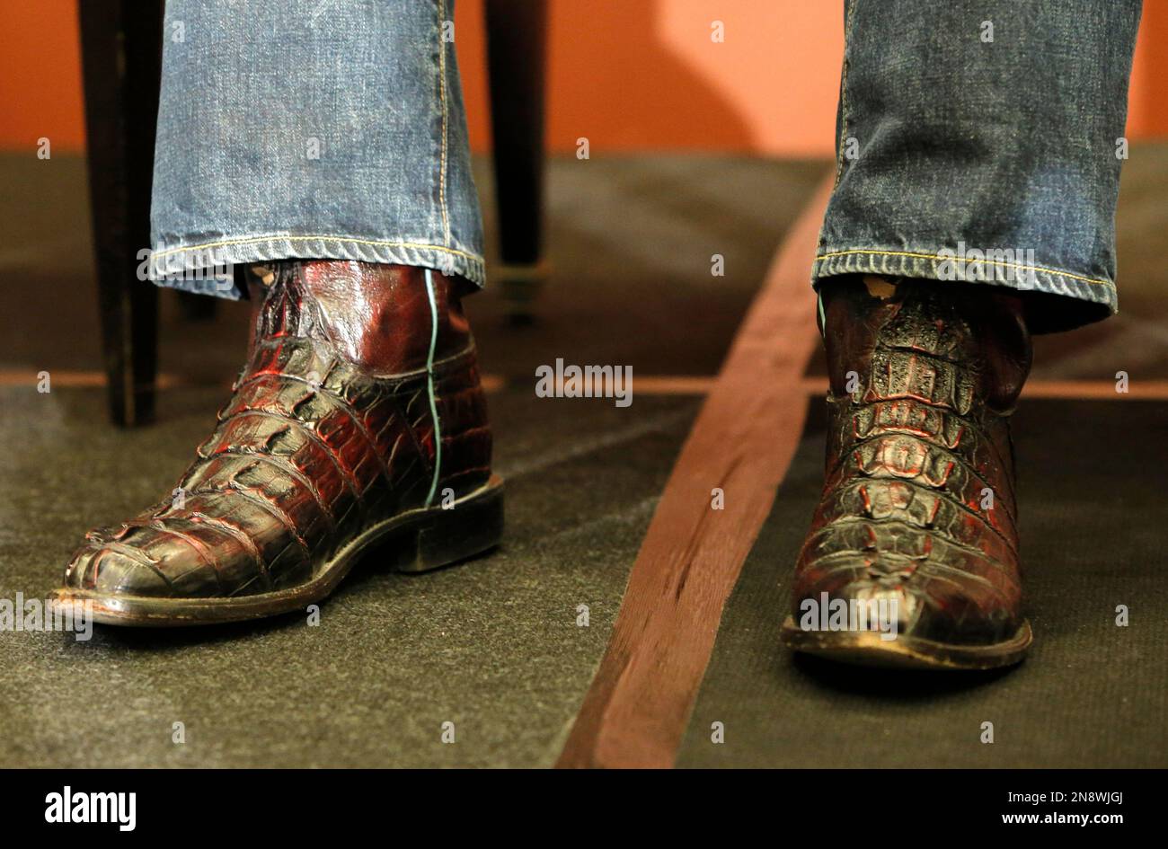 A close-up of the boots of Arnold Schwarzenegger as he attends a press  conference to promote the French version of his new book "Total Recall: My  Unbelievably True Life Story" in Paris,