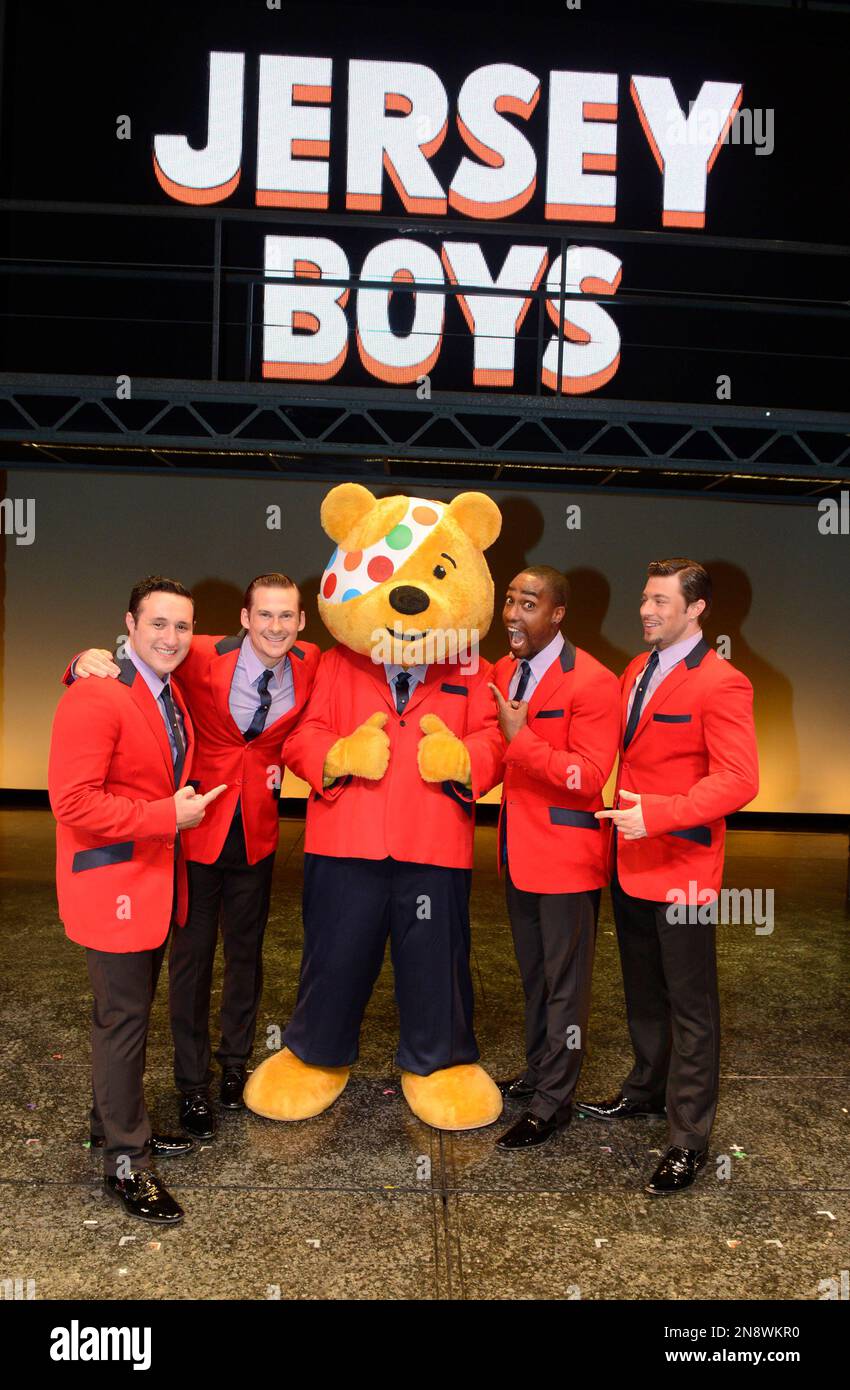 Anthony Costa, Lee Ryan, Simon Webbe, Duncan James of Boy Band Blue posing  as they perform a unique collaboration with cast members from the West End  Musical Jersey Boys for the BBC