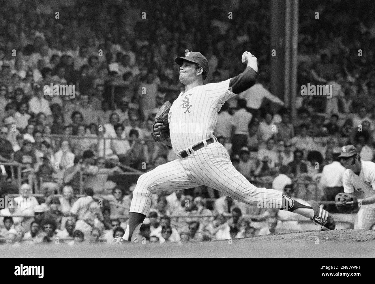 Wilbur Wood, Chicago White Sox pitcher, throws a pitch during game against  Milwaukee Brewers in Chicago, Wednesday, August 17, 1972. Wood, who notched  his 21st victory, Wednesday, was pulled after the seventh