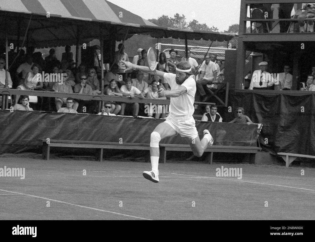 Torben Ulrich of Denmark in action in their match on August 31, 1969 in the  U.S. Open tennis championships. The aging Pancho Gonzales was down two sets  to one when he rallied