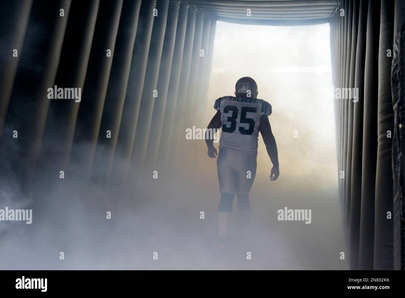 Carolina Panthers' Mike Tolbert (35)prepares to be introduced before an NFL  football game against the Seattle Seahawks in Charlotte, N.C., Sunday, Oct.  7, 2012. (AP Photo/Chuck Burton Stock Photo - Alamy