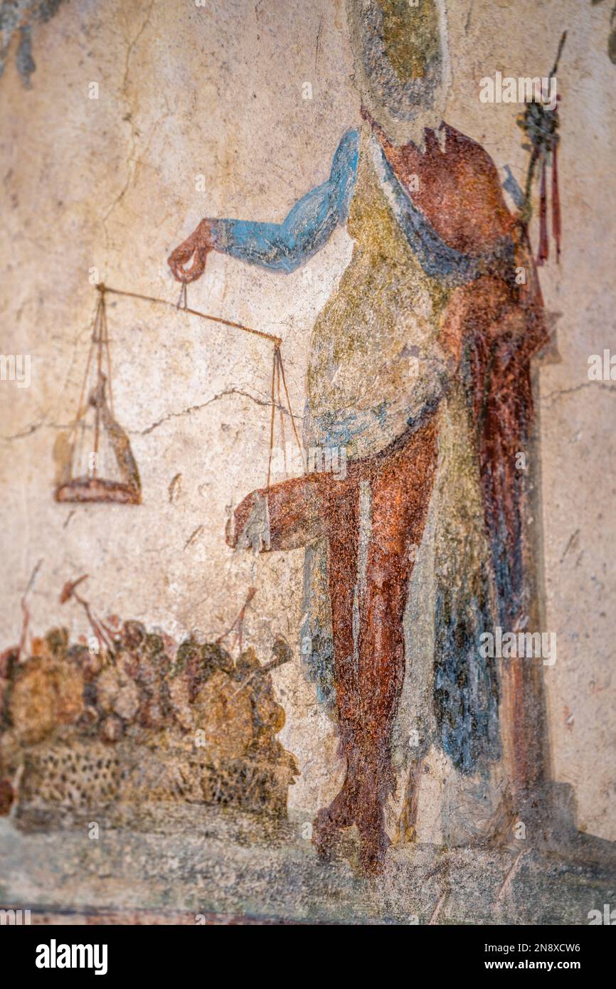 Well preserved and well endowed fresco in the Casa degli Amorati Dorati in the ancient Roman city of Pompeii Stock Photo