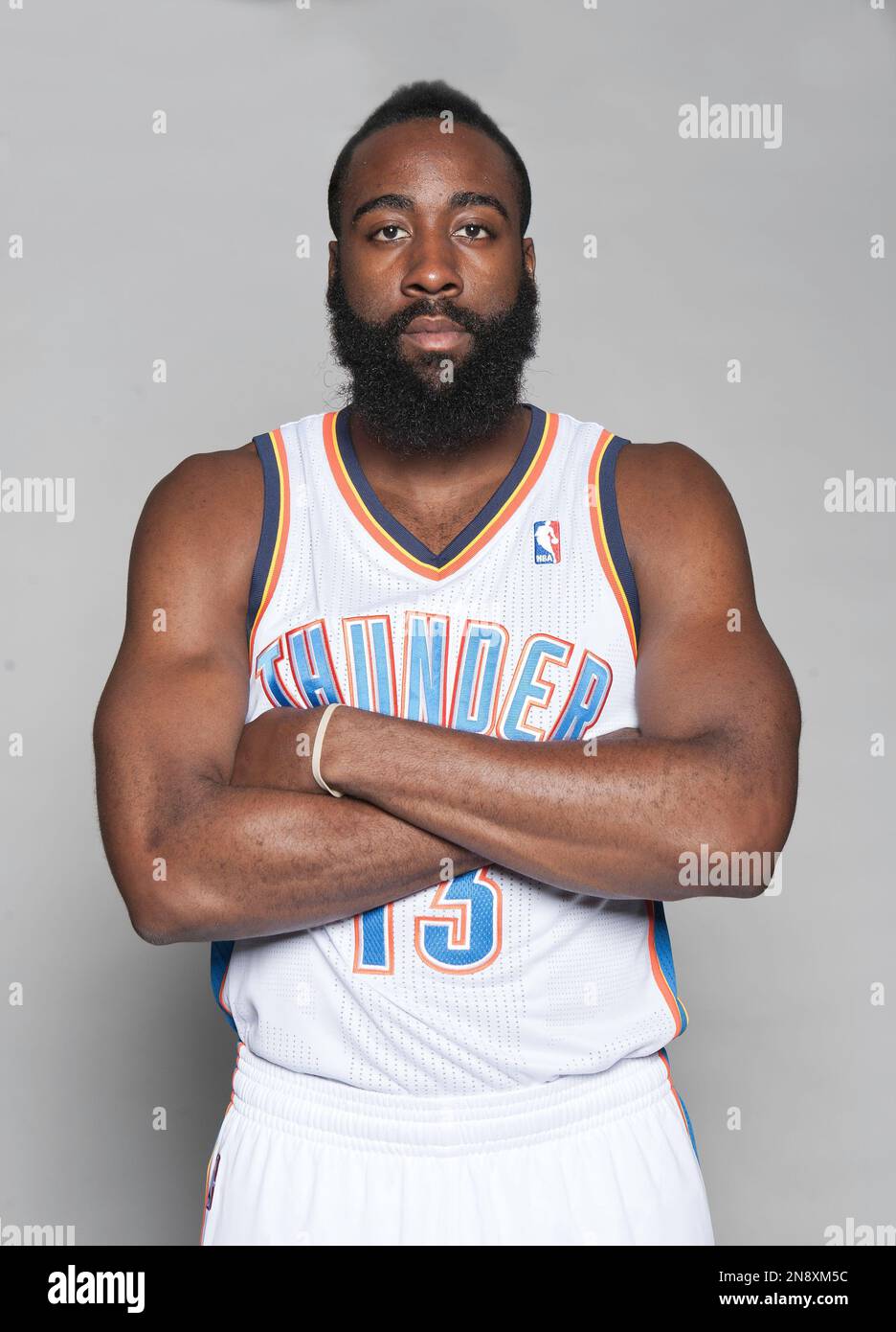 Oklahoma City Thunder's James Harden poses for a photo during media day