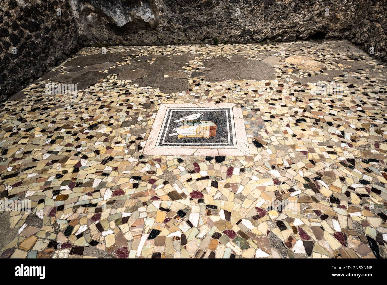 Well preserved mosaic tiled floor in the House of the Faun in the ancient Roman city of Pompeii Stock Photo