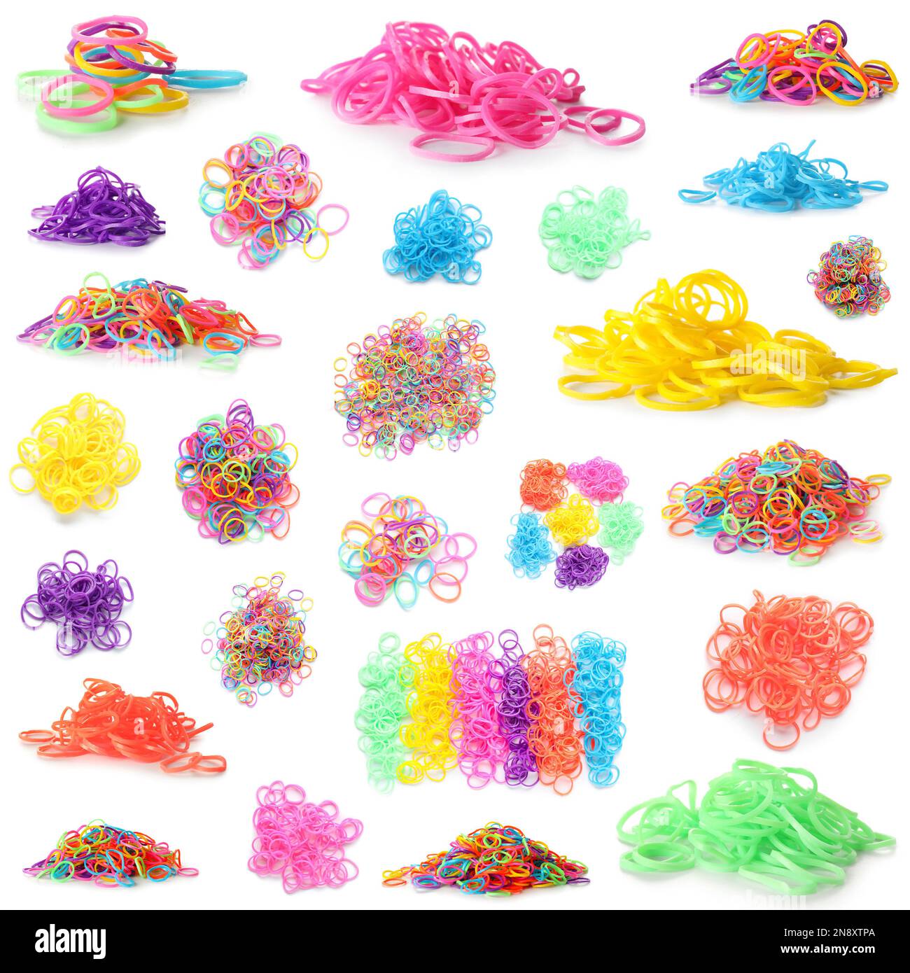 Collage of colorful rubber bands on white background Stock Photo - Alamy