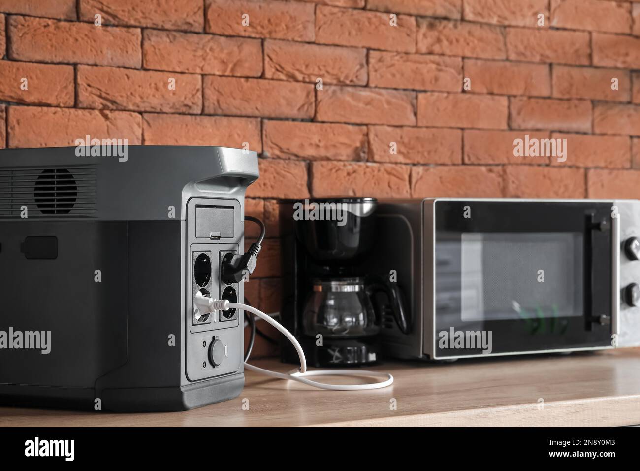 Coffee machine and microwave oven plugged in portable power station on