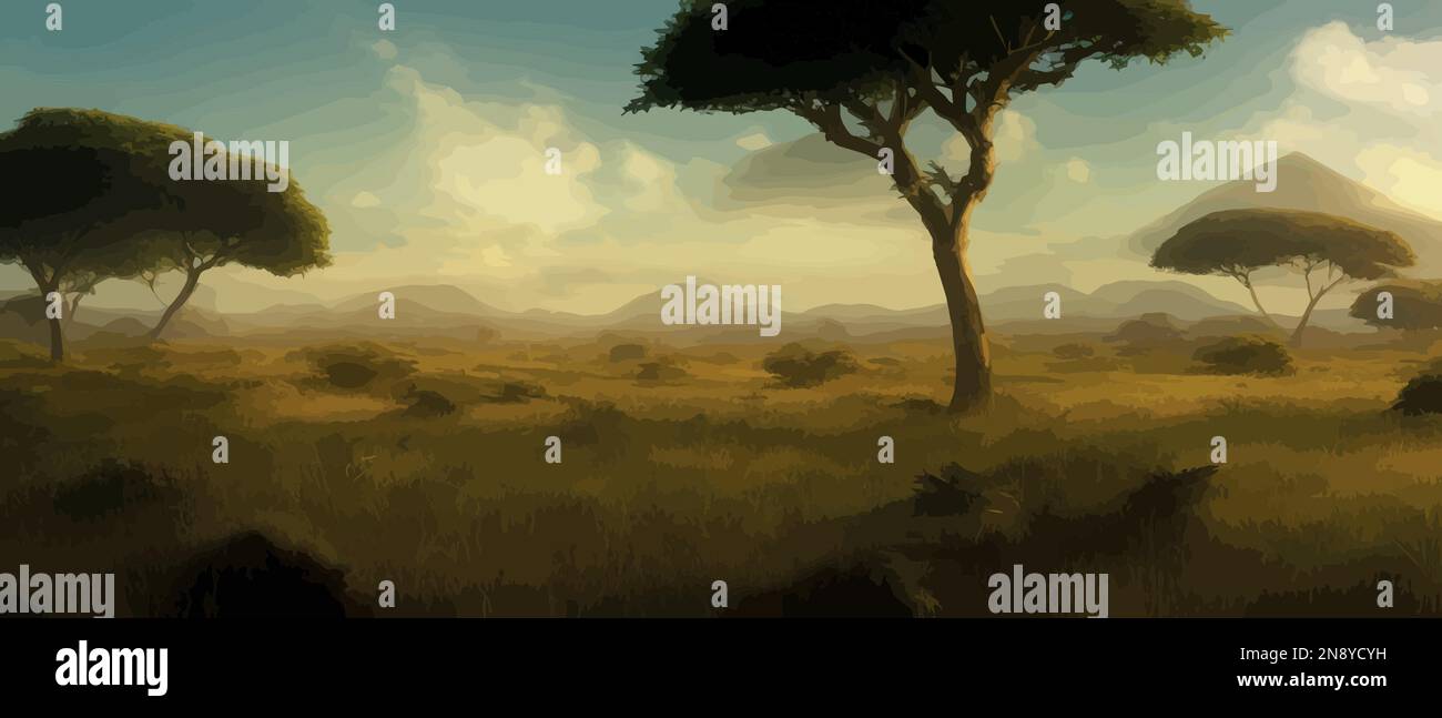 African savanna. Grass, acacia trees and river. Realistic vector