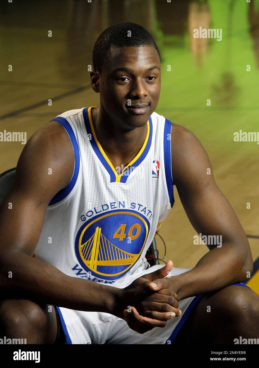 Golden State Warriors Harrison Barnes is interviewed during the NBA basketball team s media day in Oakland Calif. Monday Oct. 1 2012. AP Photo Jeff Chiu Stock Photo Alamy