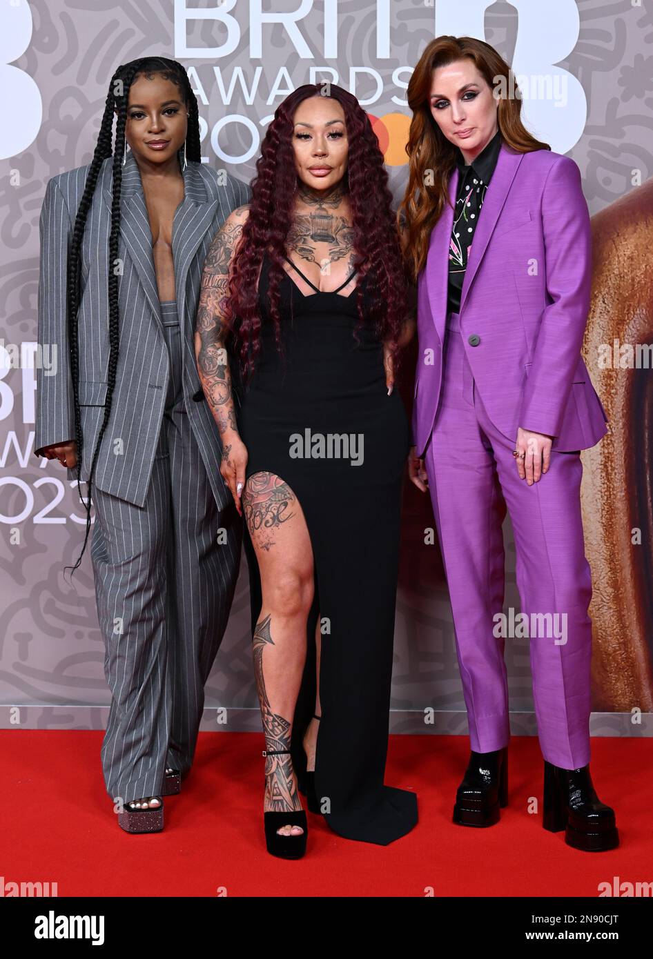EDITORIAL USE ONLY February 11th, 2023, London, UK. Keisha Buchanan, Mutya Buena and Siobhan Donaghy from the Sugababes arriving at The BRIT Awards 2023, O2 Arena, London. Credit: Doug Peters/EMPICS/Alamy Live News Stock Photo