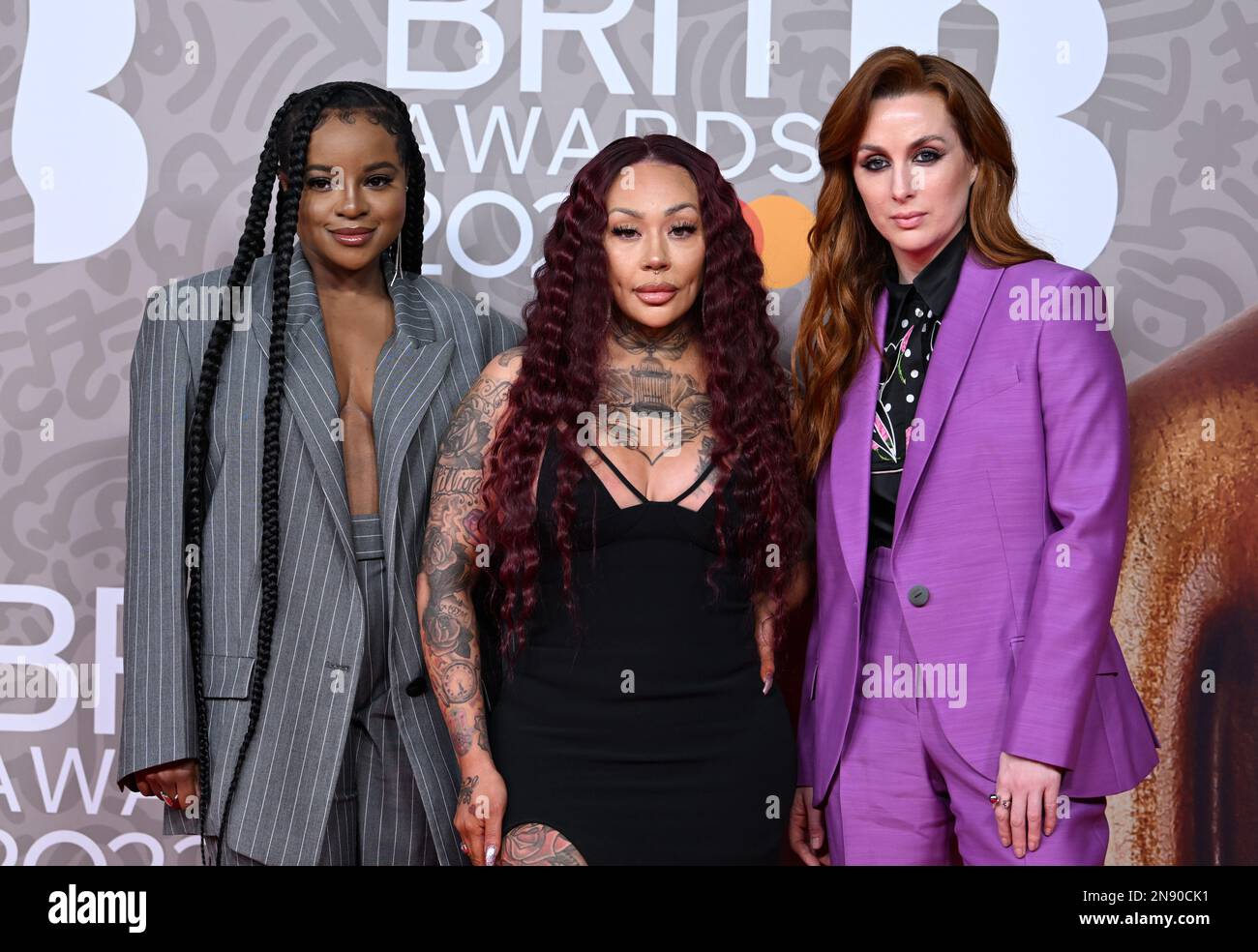 EDITORIAL USE ONLY February 11th, 2023, London, UK. Keisha Buchanan, Mutya Buena and Siobhan Donaghy from the Sugababes arriving at The BRIT Awards 2023, O2 Arena, London. Credit: Doug Peters/EMPICS/Alamy Live News Stock Photo