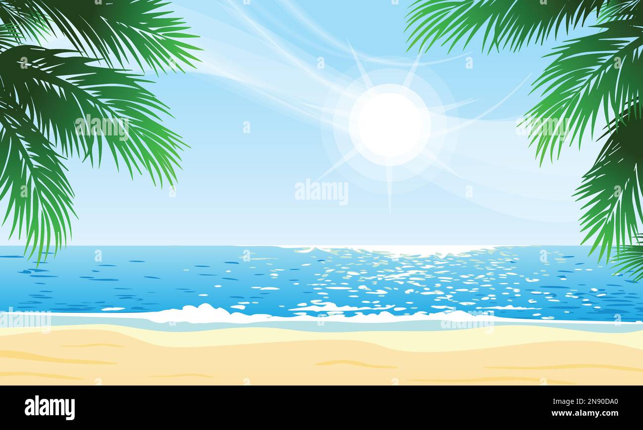 beautiful warm tropical beach sunny day with palm trees in foreground Stock Vector