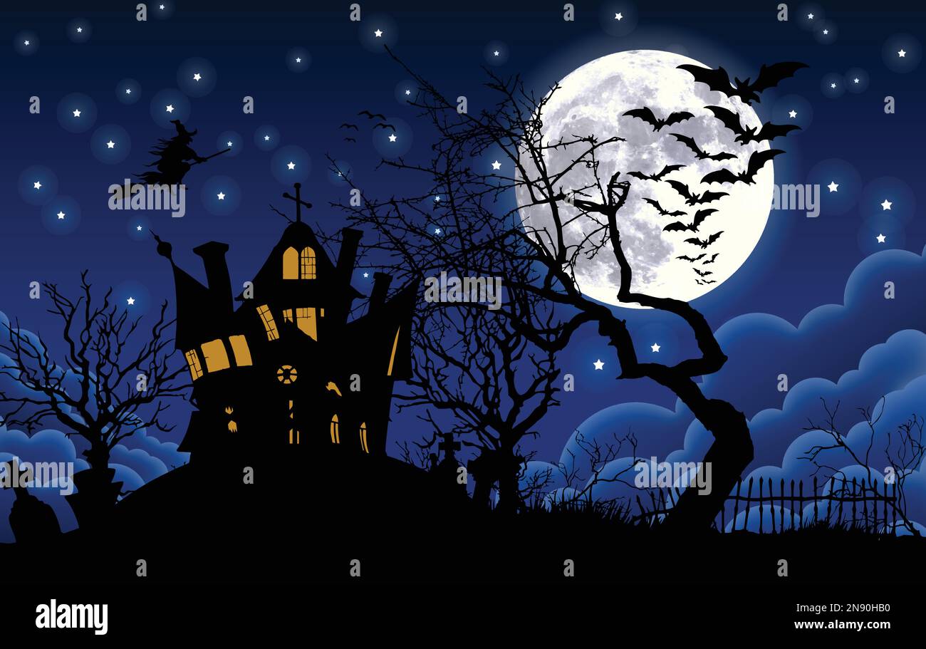 Haunted halloween house with flying bats and witch moonlit night abouve the clouds vector background Stock Vector