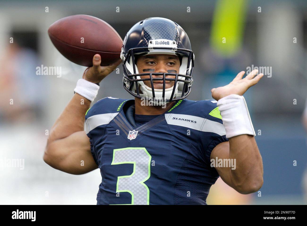 Seattle Seahawks quarterback Russell Wilson warms up before the NFL