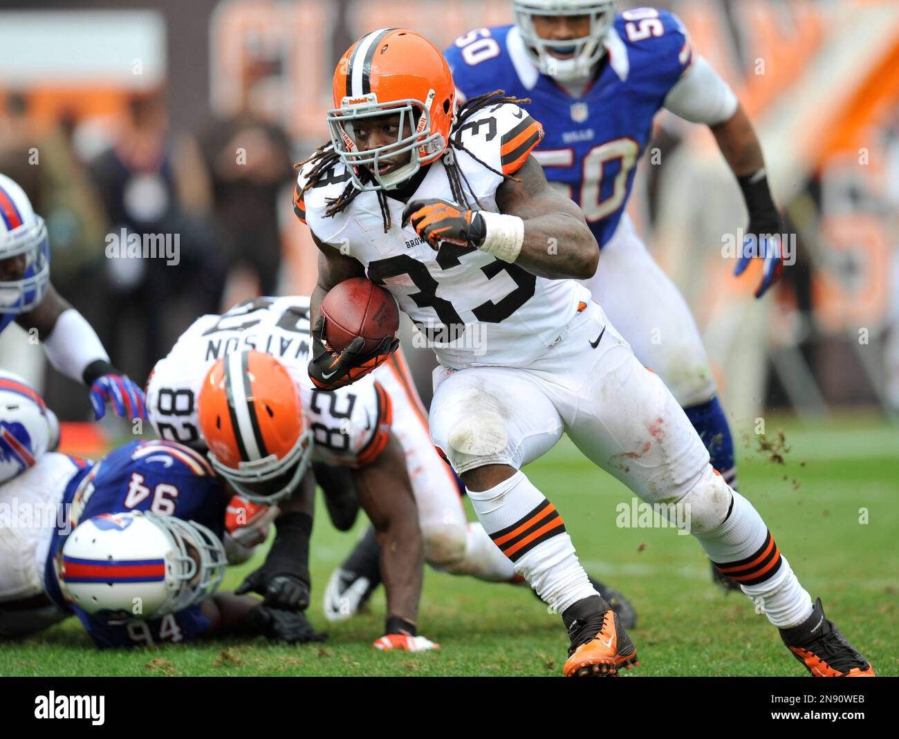 Cleveland Browns running back Trent Richardson (33) is taken down on this  first half run on Sunday, October 21, 2012, in Indianapolis, Indiana.  (Photo by Sam Riche/MCT/Sipa USA Stock Photo - Alamy