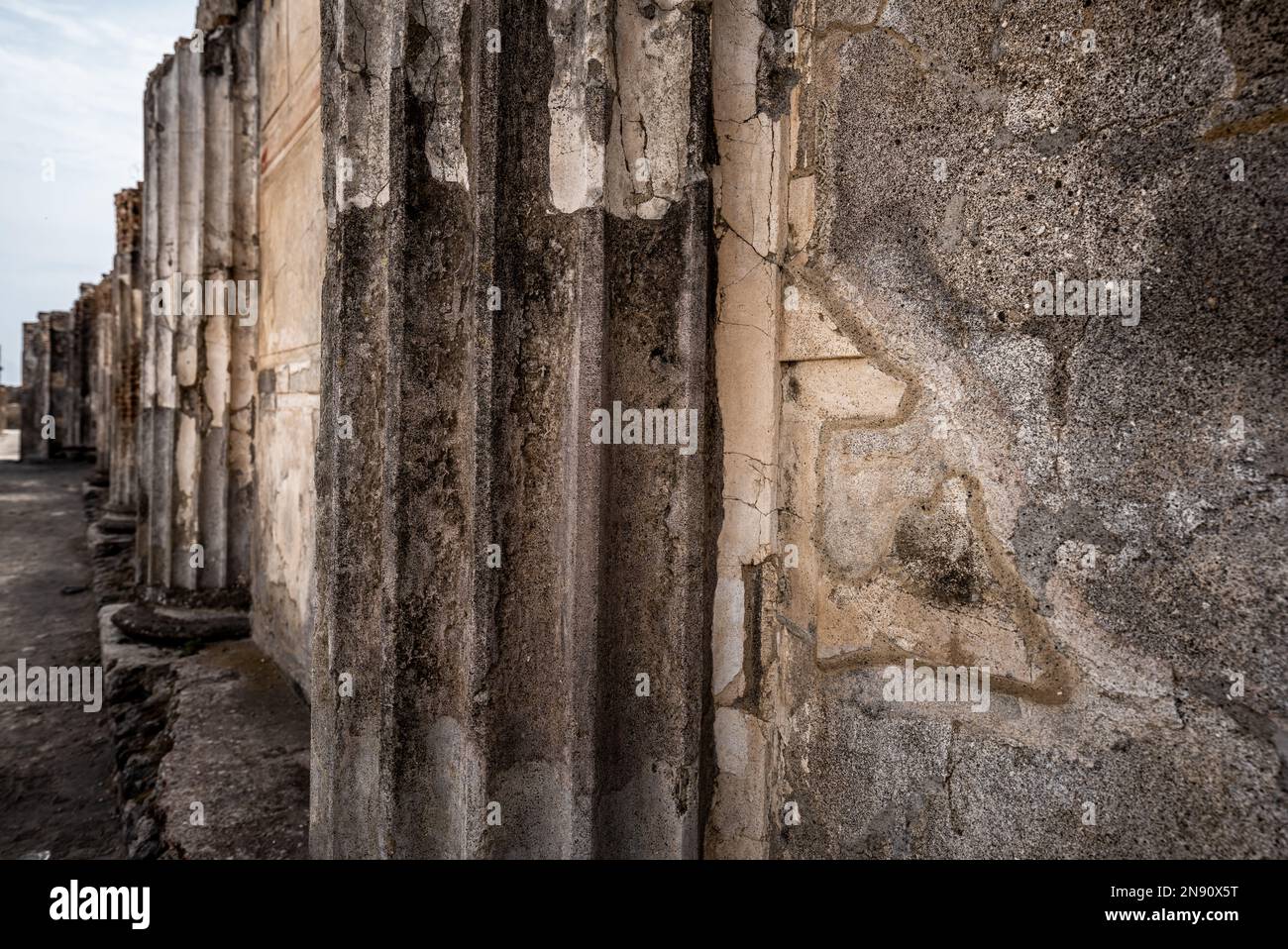 Closeup of columns in ancient Roman city of Pompeii Stock Photo
