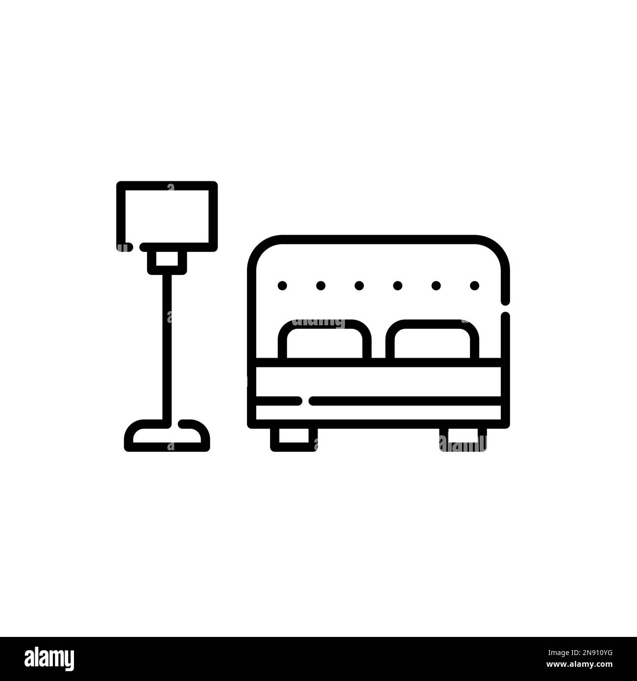Double bed and floor lamp. Bedroom or hotel room furniture. Pixel