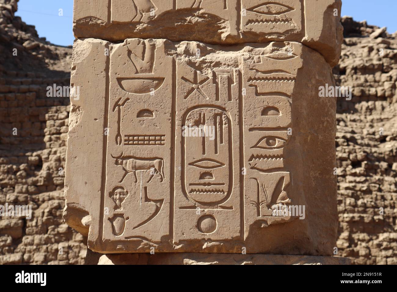 Ancient egyptian hieroglyphs carved on the walls of Karnak temple in ...