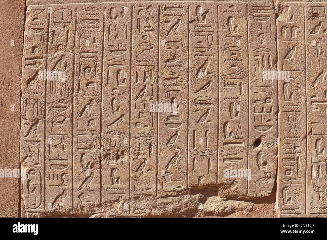 Ancient egyptian hieroglyphs carved on the walls of Karnak temple in Luxor, Egypt Stock Photo