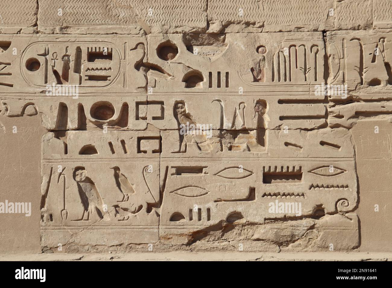 Ancient egyptian hieroglyphs carved on the walls of Karnak temple in ...