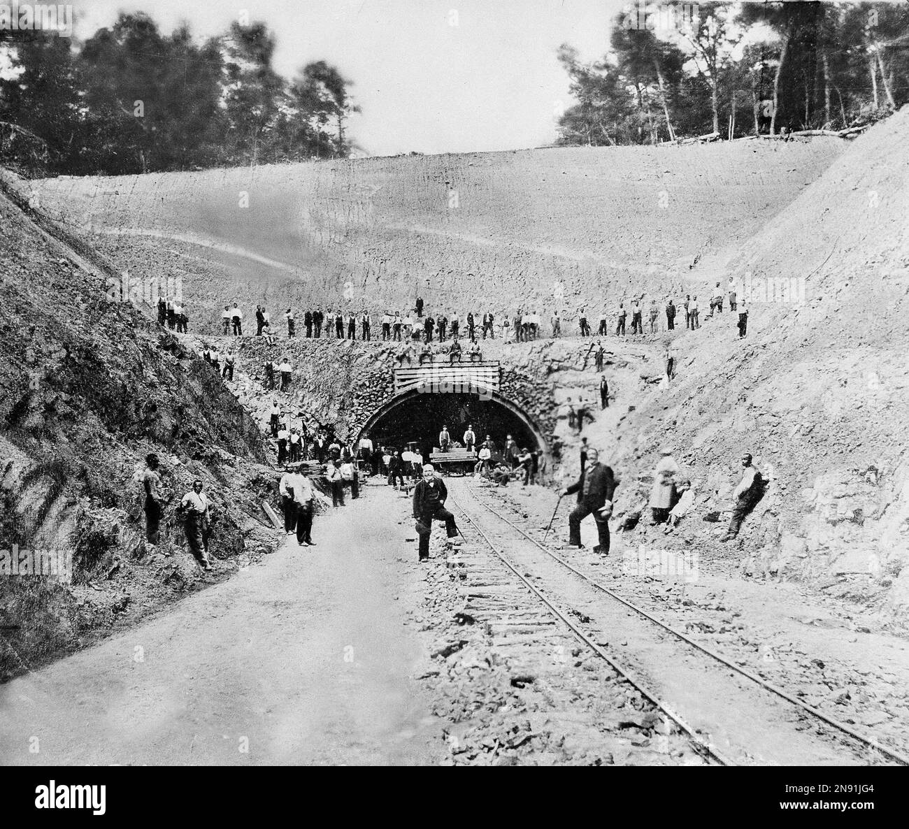 Andrew Carnegie, shown in the center, in front of Rays Hill Tunnel in
