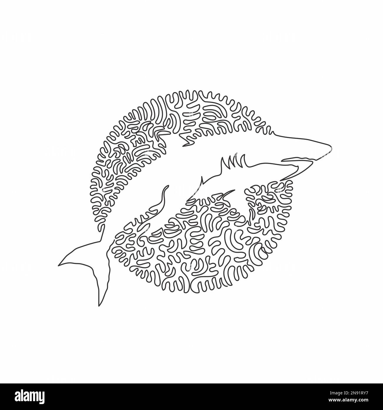 Continuous one curve line drawing of scary shark . Single line editable stroke vector illustration of fierce carnivores shark Stock Vector