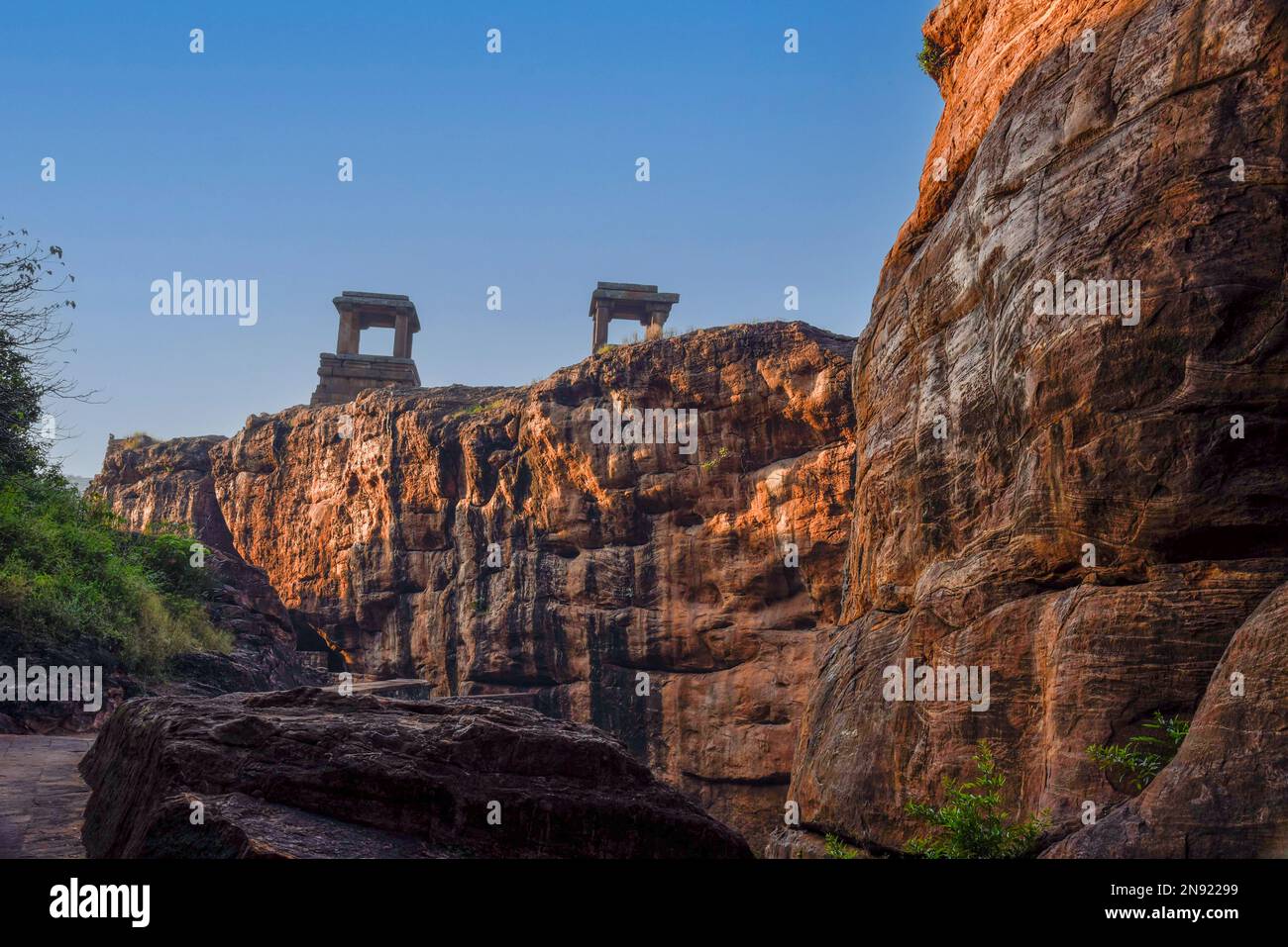 Watch towers at Badami fort in Karnataka in India Stock Photo