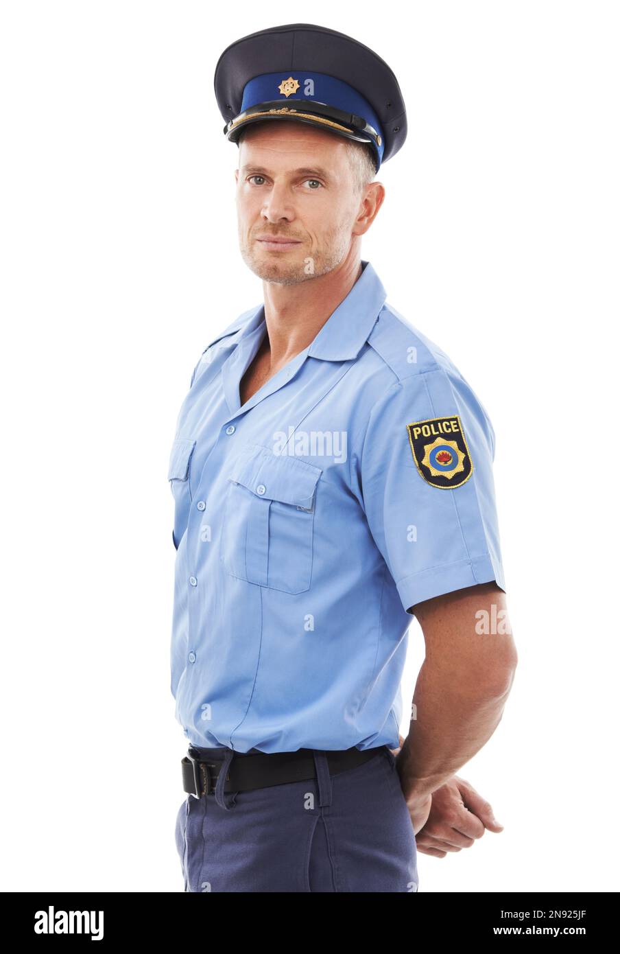 Safety, Security And Portrait Of Police On A White Background For ...