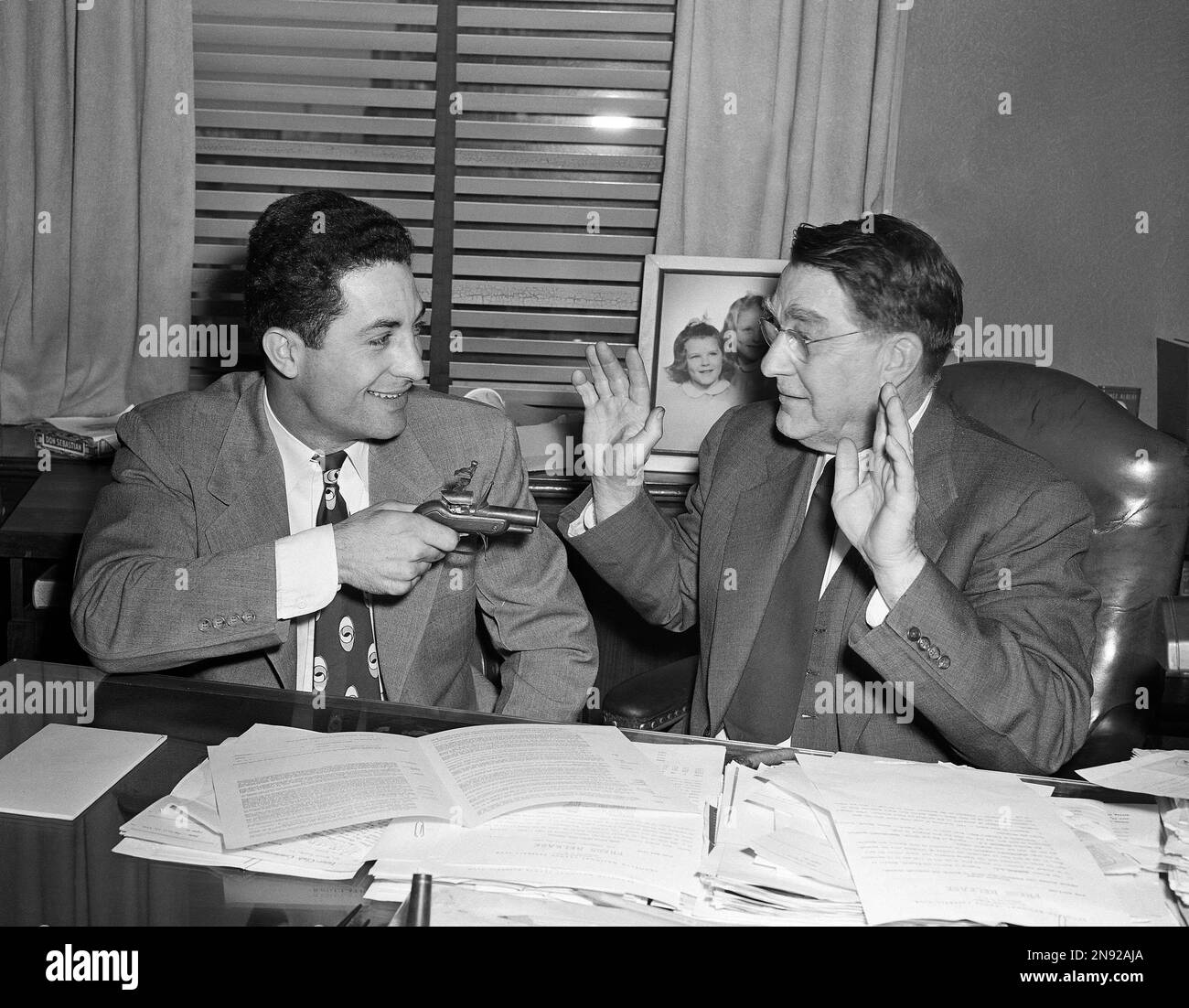 Pee Wee Reese poses with Pete Reiser at Ebbets Field in Brooklyn in 1949.