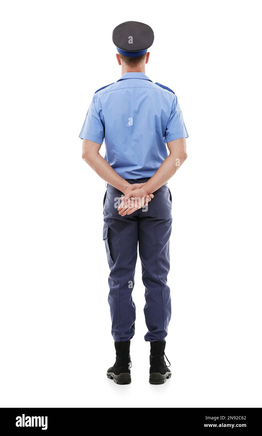 Police, law and rear view of man in studio for crime, protection and ...