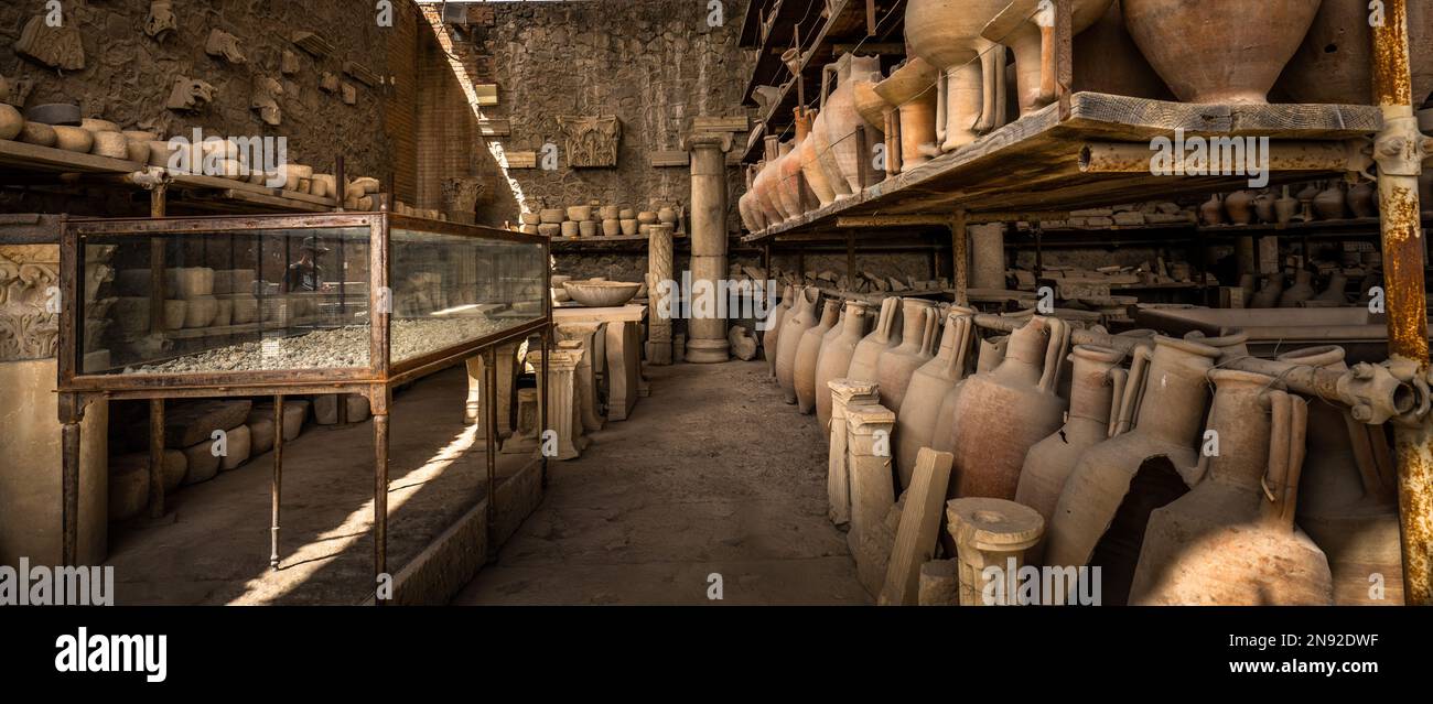 Store room of ancient Roman pottery and artifacts from archeologic excavations in Pompeii Stock Photo
