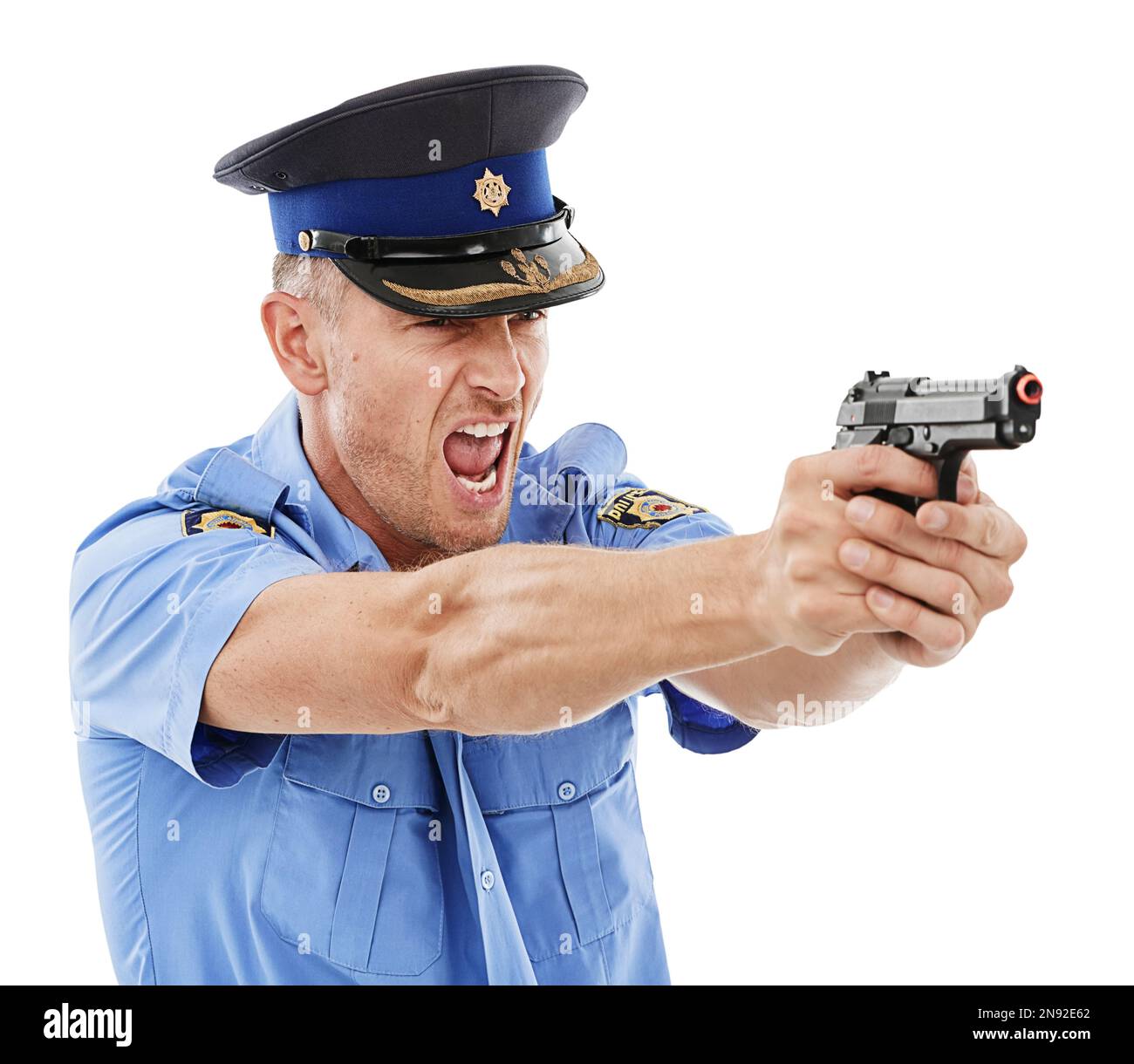 Male police officer pointing gun hi-res stock photography and images - Alamy
