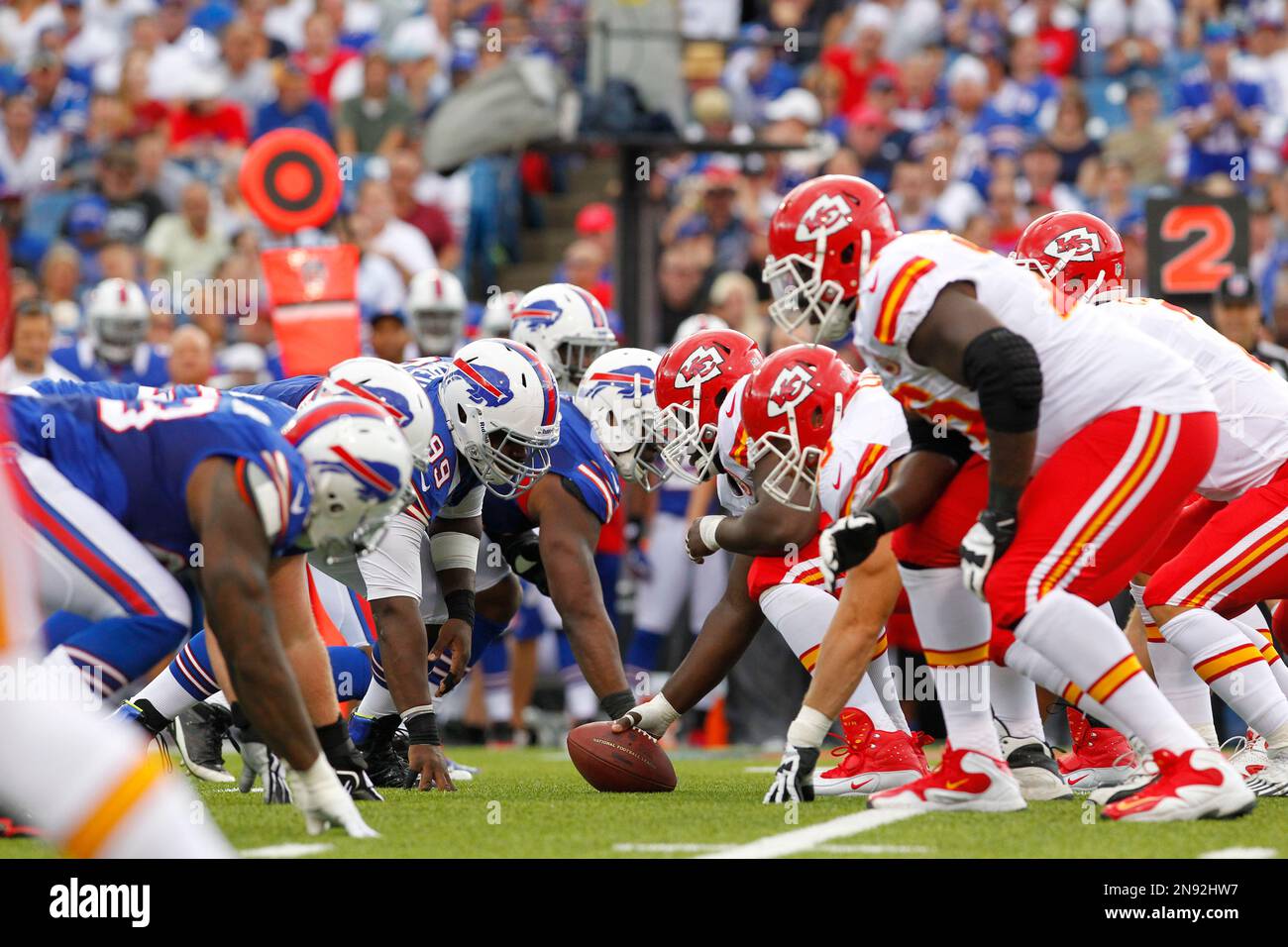 Buffalo Bills at the line of scrimmage against the Kansas City Chiefs  during the first half of an NFL football game in Orchard Park, N.Y.,  Sunday, Sept. 16, 2012. (AP Photo/Bill Wippert
