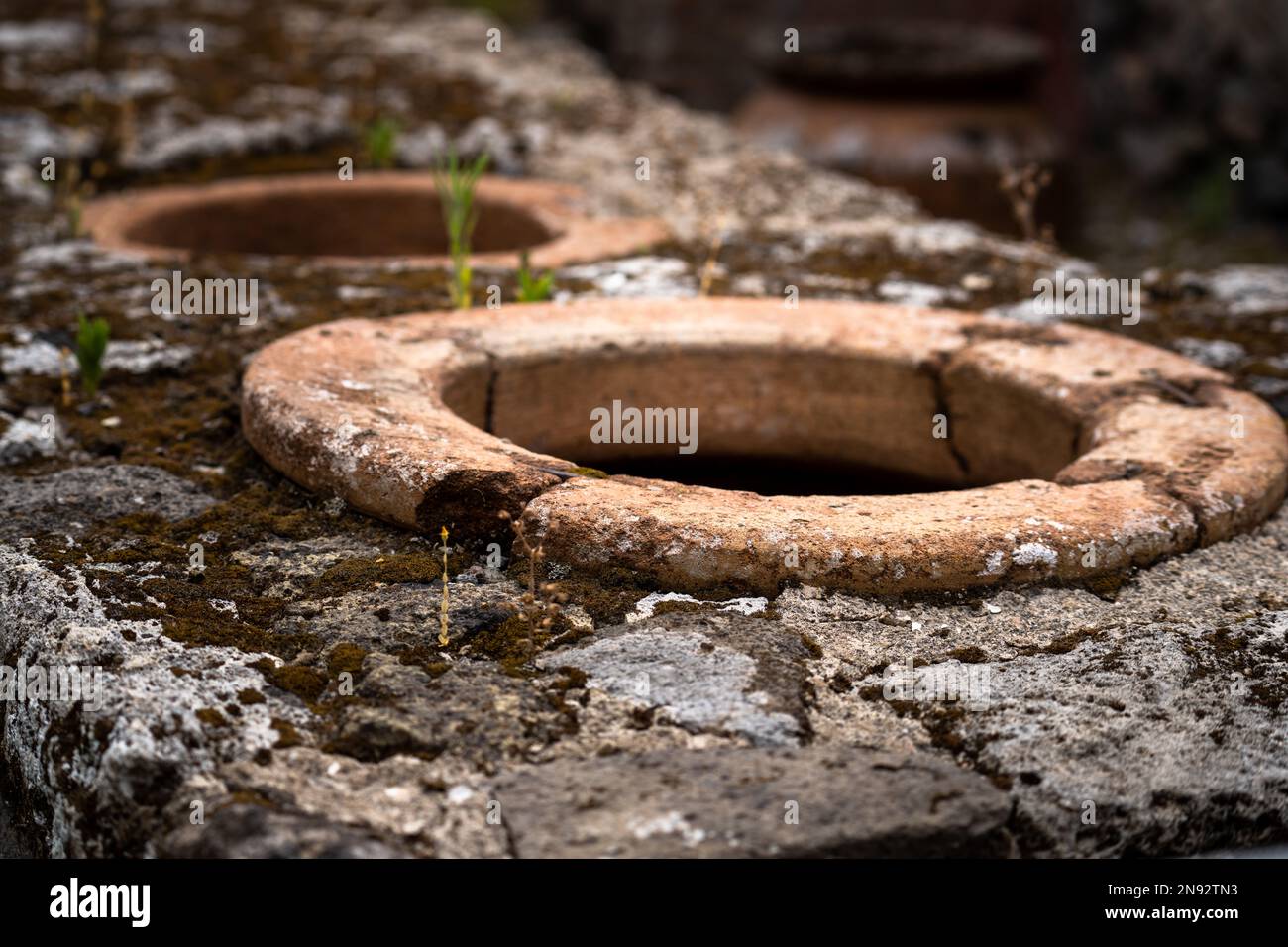 Closeup of ancient roman kitchen in the ruins of Pompeii, Italy Stock Photo