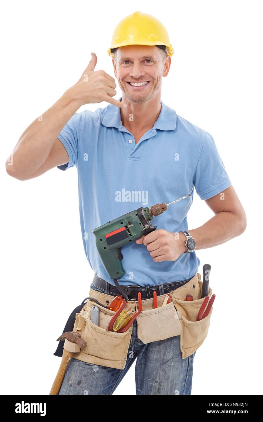 Call gesture, portrait man and construction worker, handyman or contractor with drill, tools or