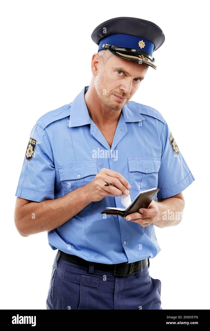 Parking fine, ticket and portrait of police writing on notepad for traffic laws, crime and public service. Justice, law enforcement and face of Stock Photo