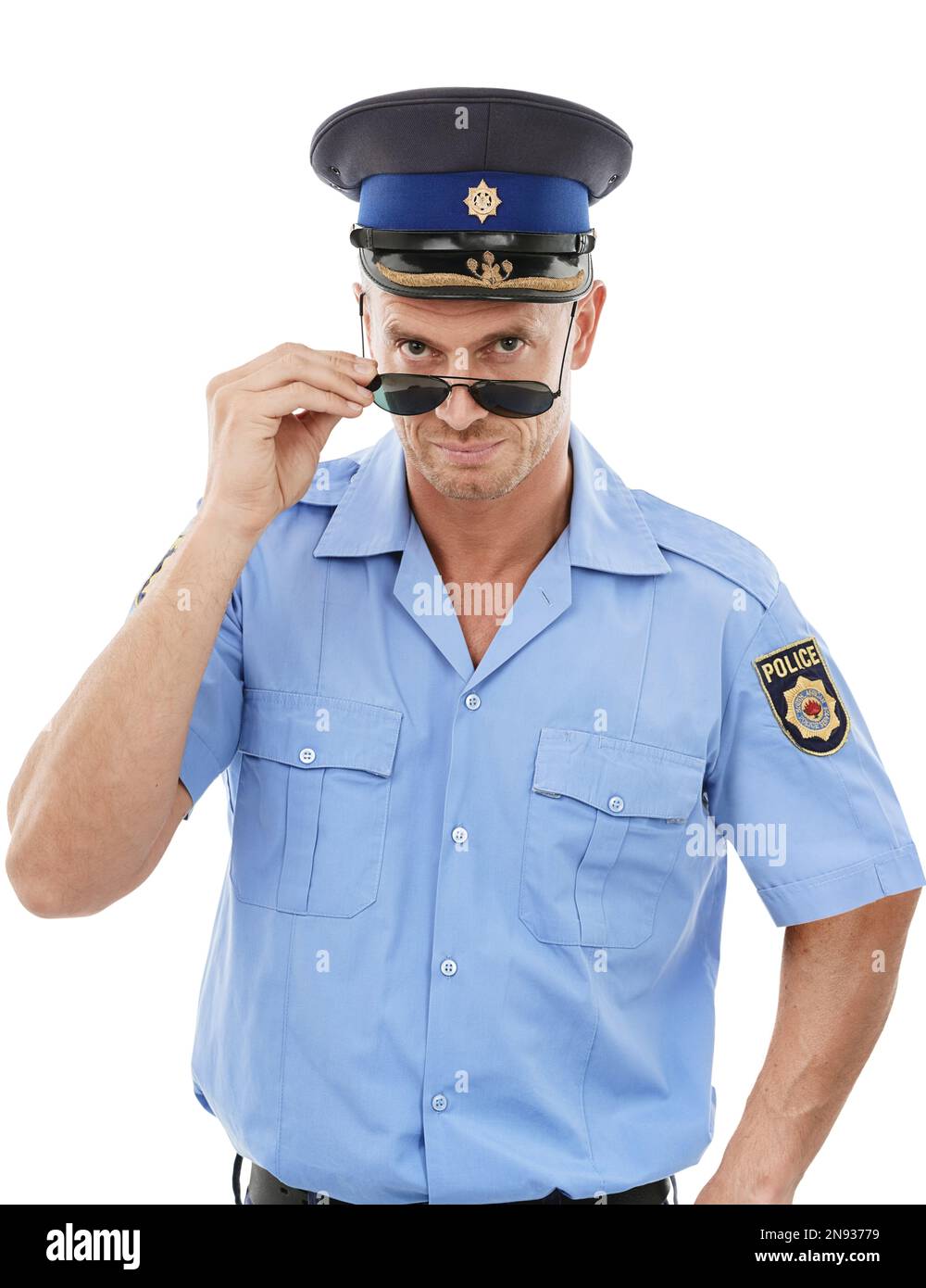 Security, crime officer and portrait of police on white background for