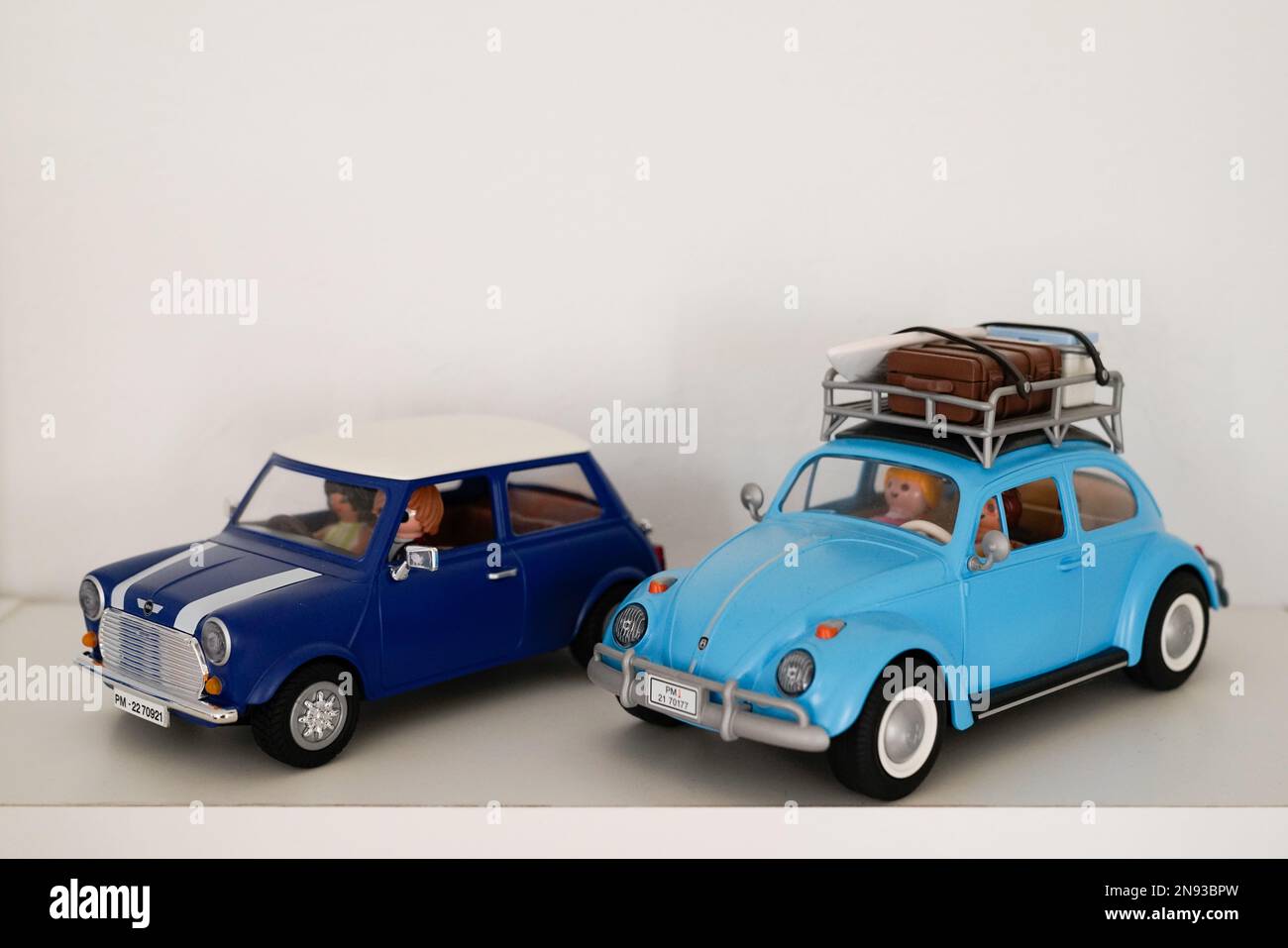 Bordeaux , Aquitaine France - 09 02 2023 : Playmobil beetle vw and mini  cooper in toy vintage volkswagen austin for kids Stock Photo - Alamy