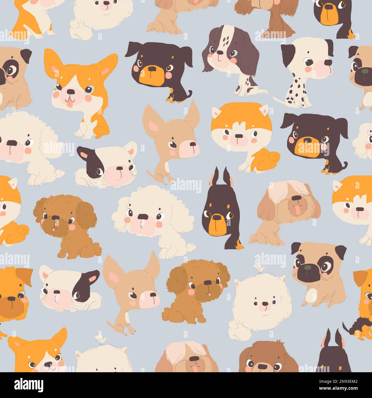 Seamless Pattern with Funny Puppies on Blue Background Stock Vector