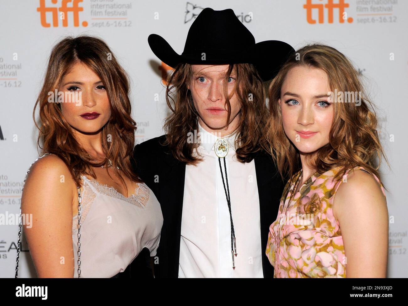 Gemma Arterton, left, Caleb Landry Jones, center, and Saoirse Ronan