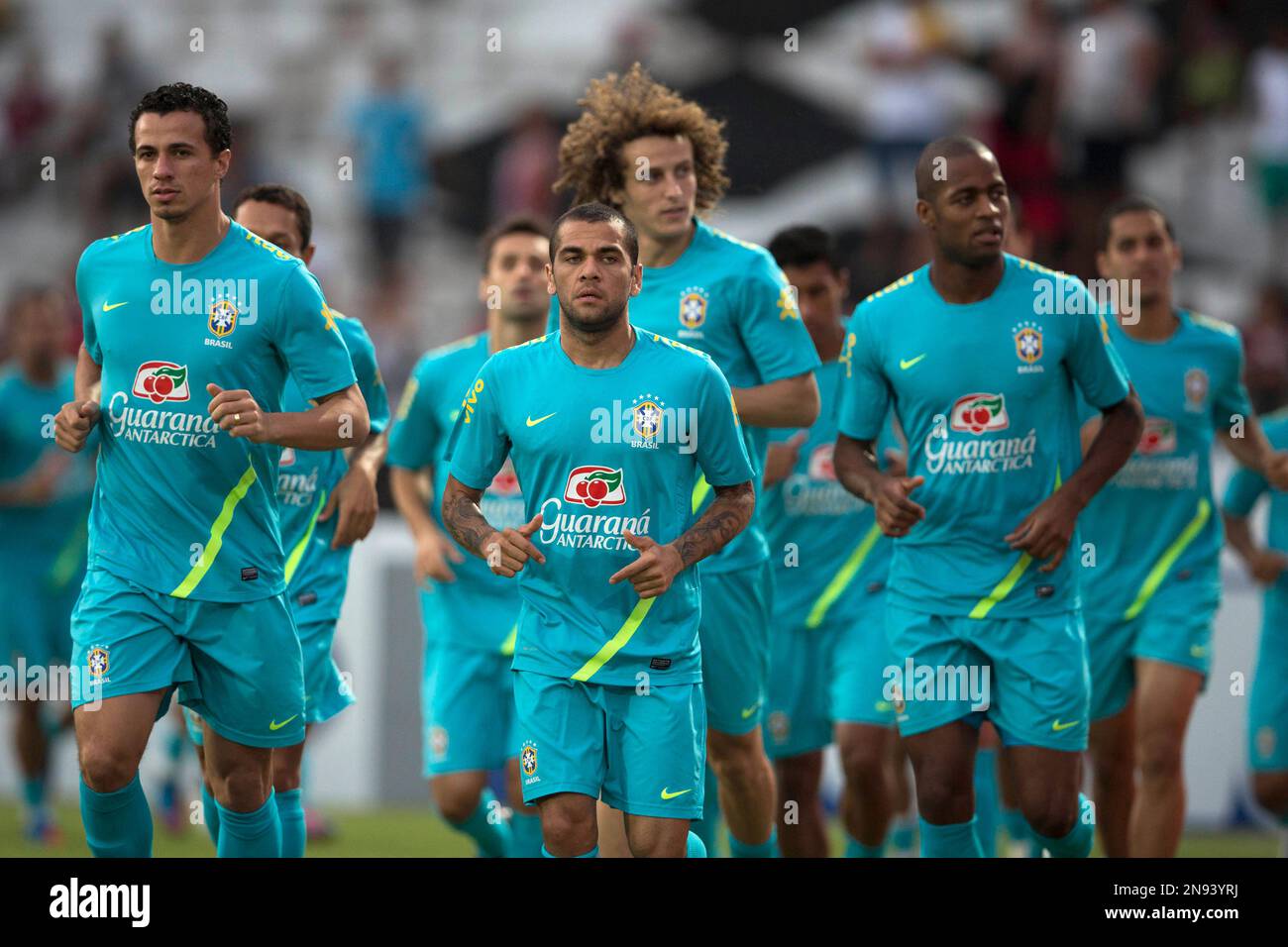 Brazil players, front row from left, Ramires, Daniel Alves, Kaka, Robinho,  Michel Bastos, back row from left, Lucio, Julio Cesar, Luis Fabiano, Juan,  Maicon, and Gilberto Silva pose for a team photo