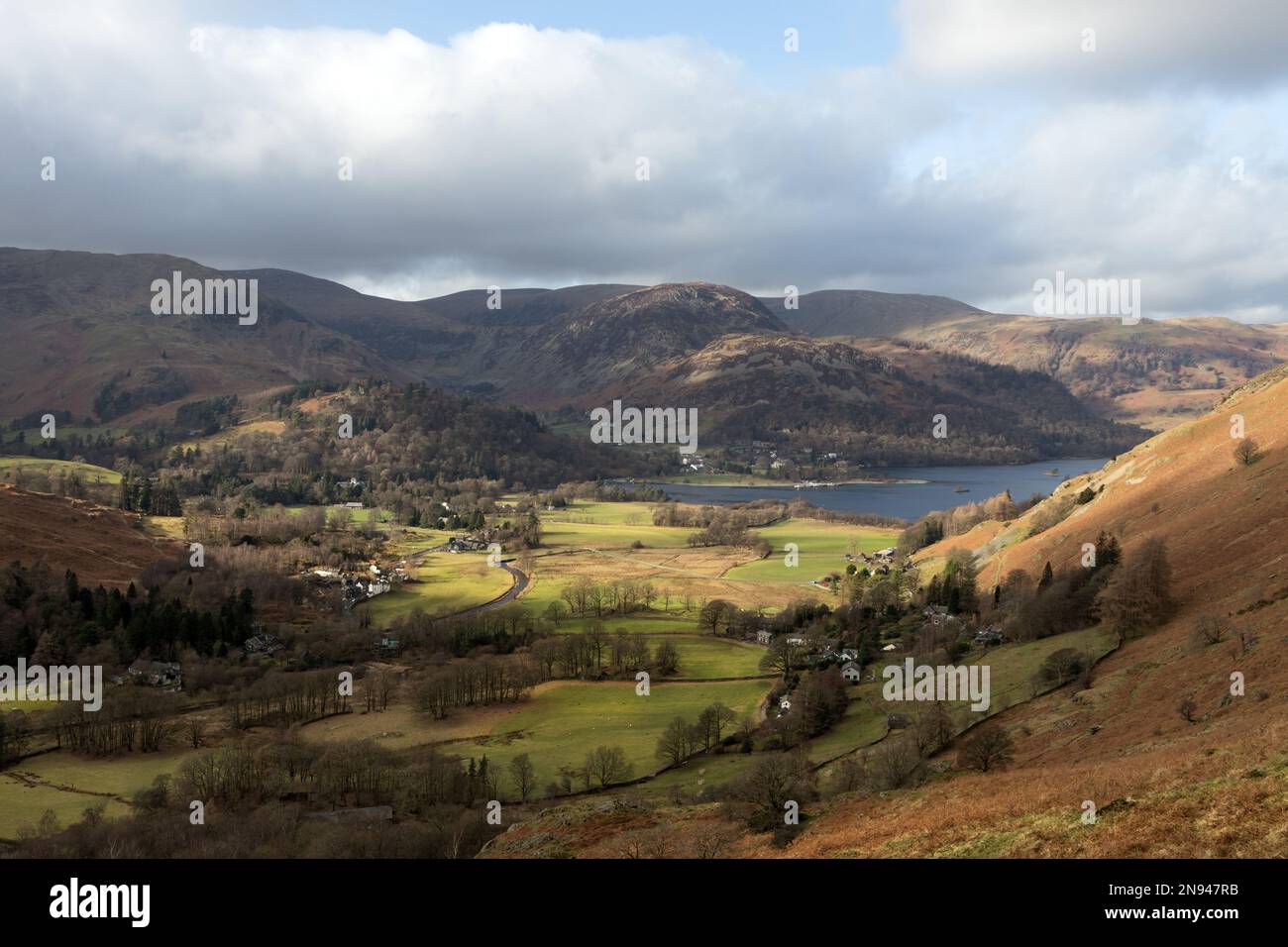 Patterdale, Glenridding and Ullswater from the Boredale Hause, Lake District, Cumbria, UK Stock Photo